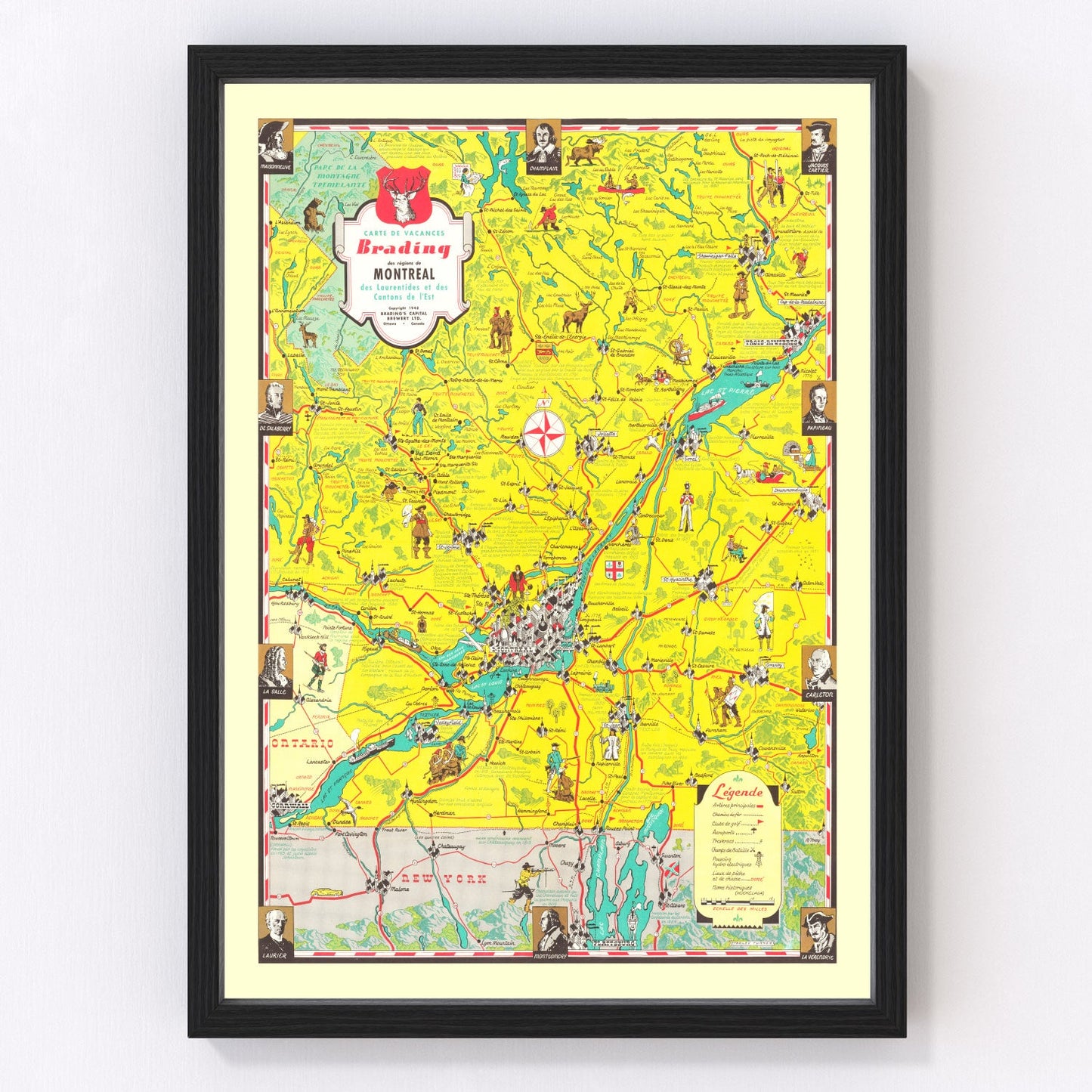 Vintage map of the Montreal region, Canada, 1948