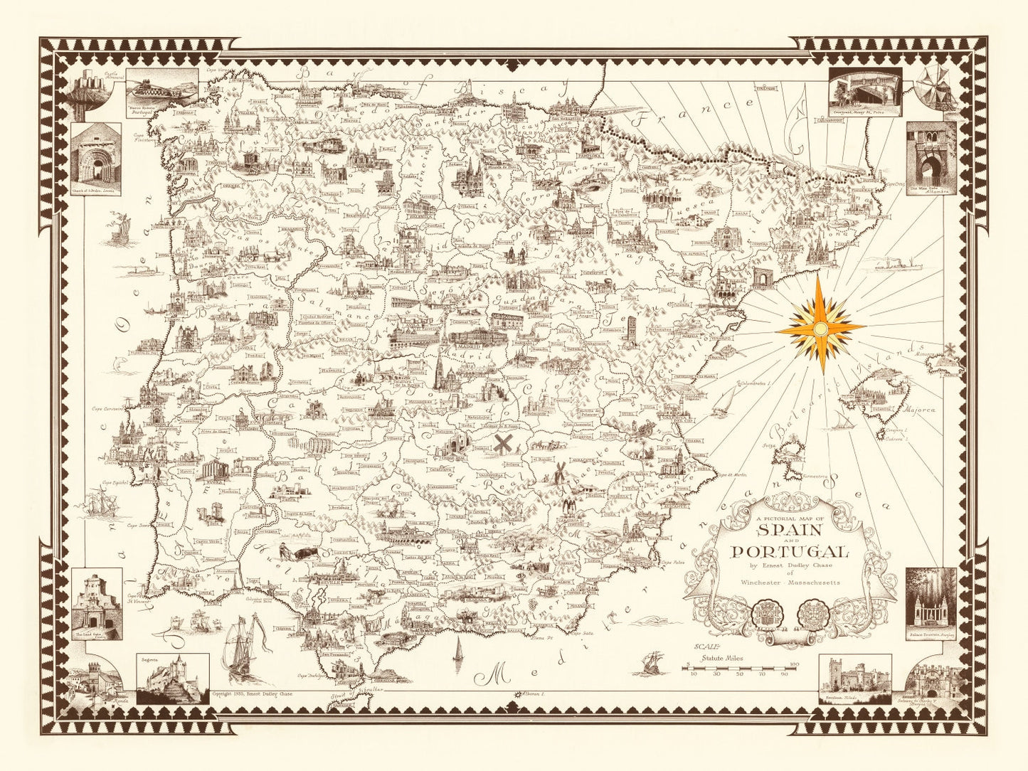 Vintage Pictorial Map of Spain and Portugal, 1935