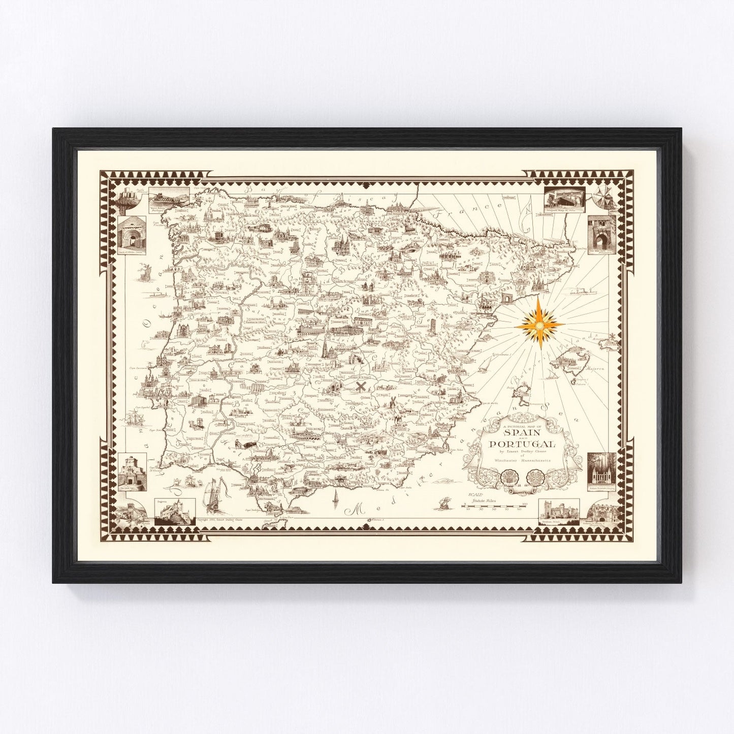 Vintage 1935 pictorial map of Spain and Portugal in 1930s travel illustration style, restored print