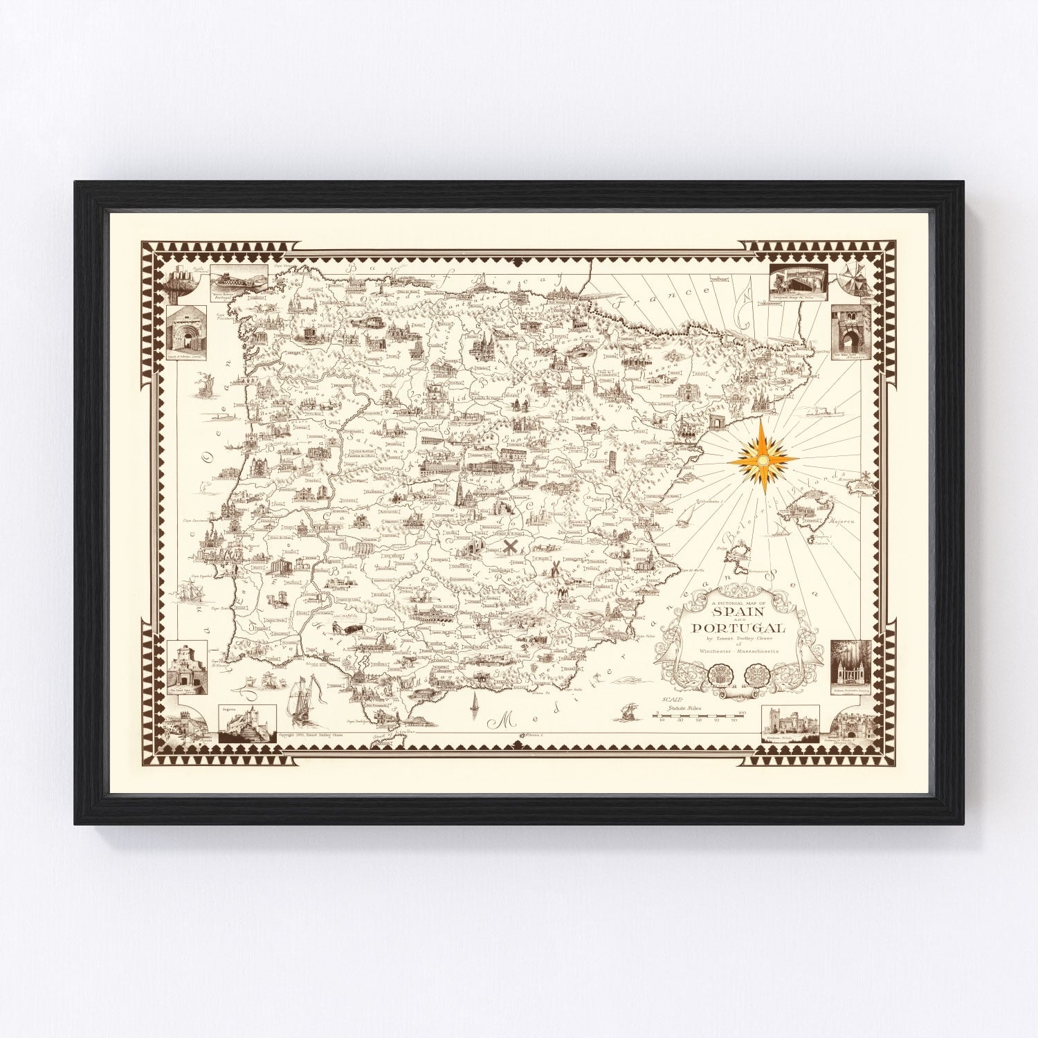 Vintage 1935 pictorial map of Spain and Portugal in 1930s travel illustration style, restored print