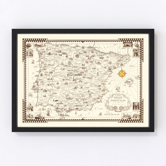 Vintage 1935 pictorial map of Spain and Portugal in 1930s travel illustration style, restored print