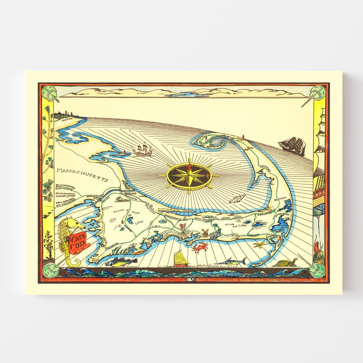 Vintage Map of Cape Cod, Massachusetts, 1938