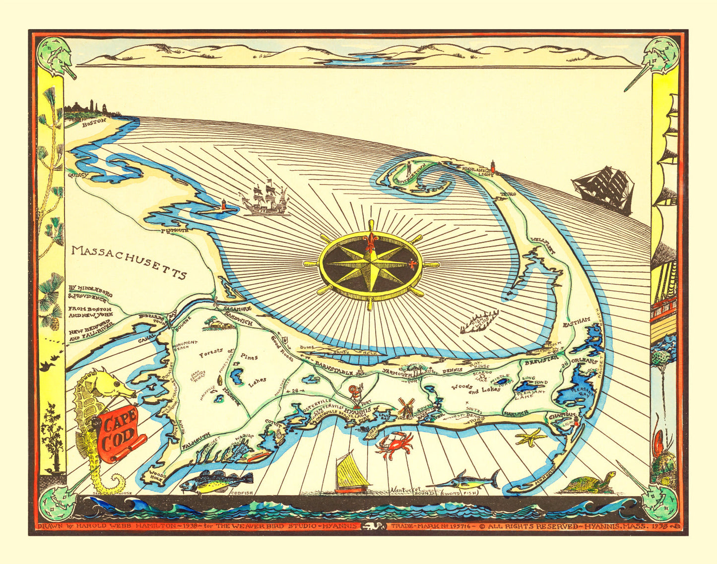 Vintage Map of Cape Cod, Massachusetts, 1938