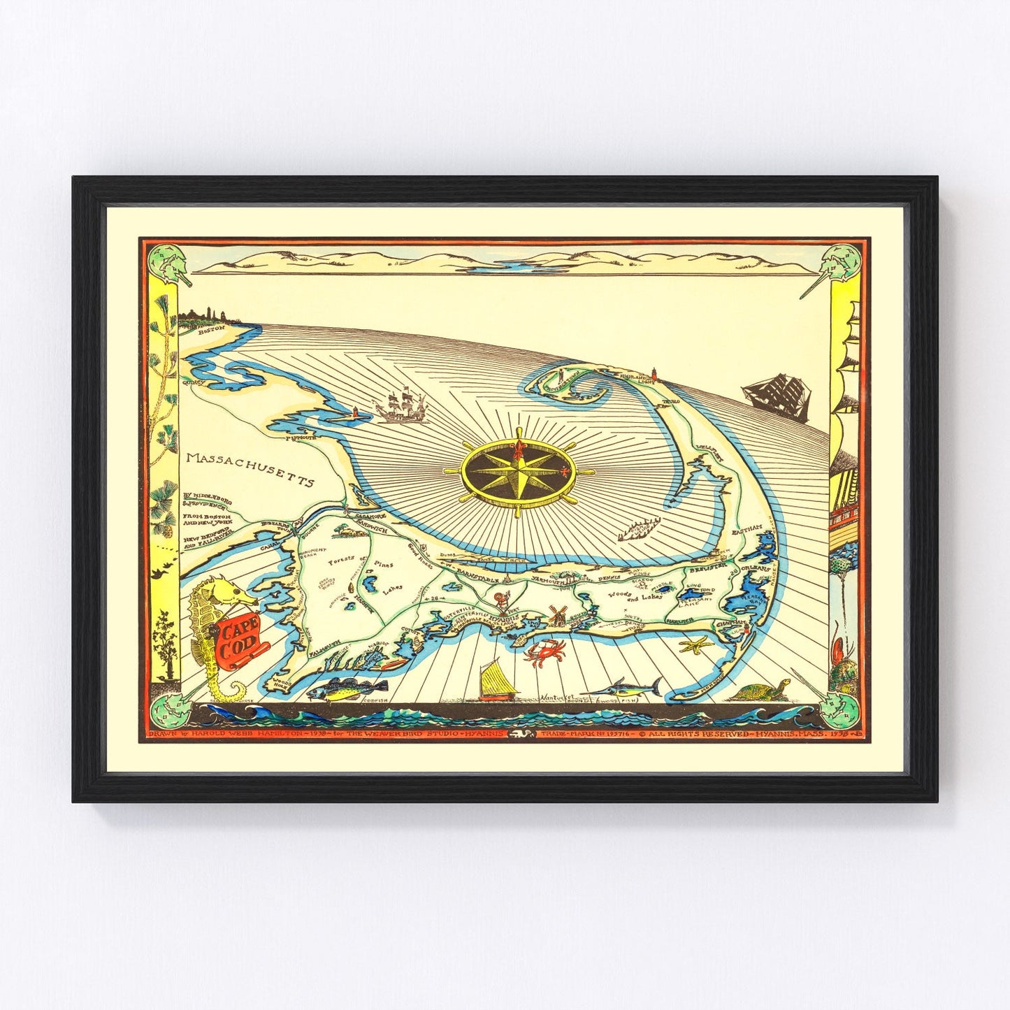Vintage map of Cape Cod, Massachusetts, 1938, interwar era