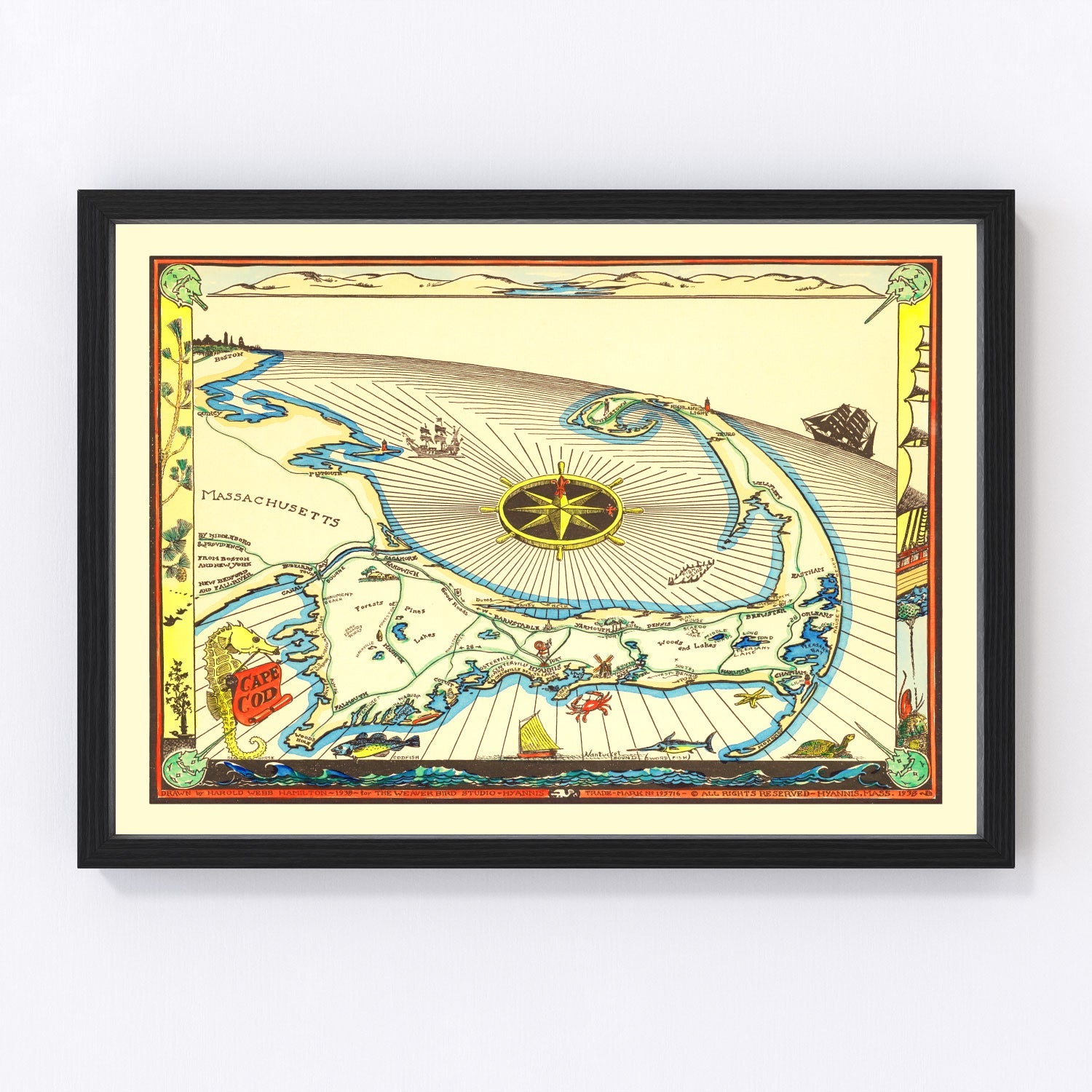 Vintage map of Cape Cod, Massachusetts, 1938, interwar era
