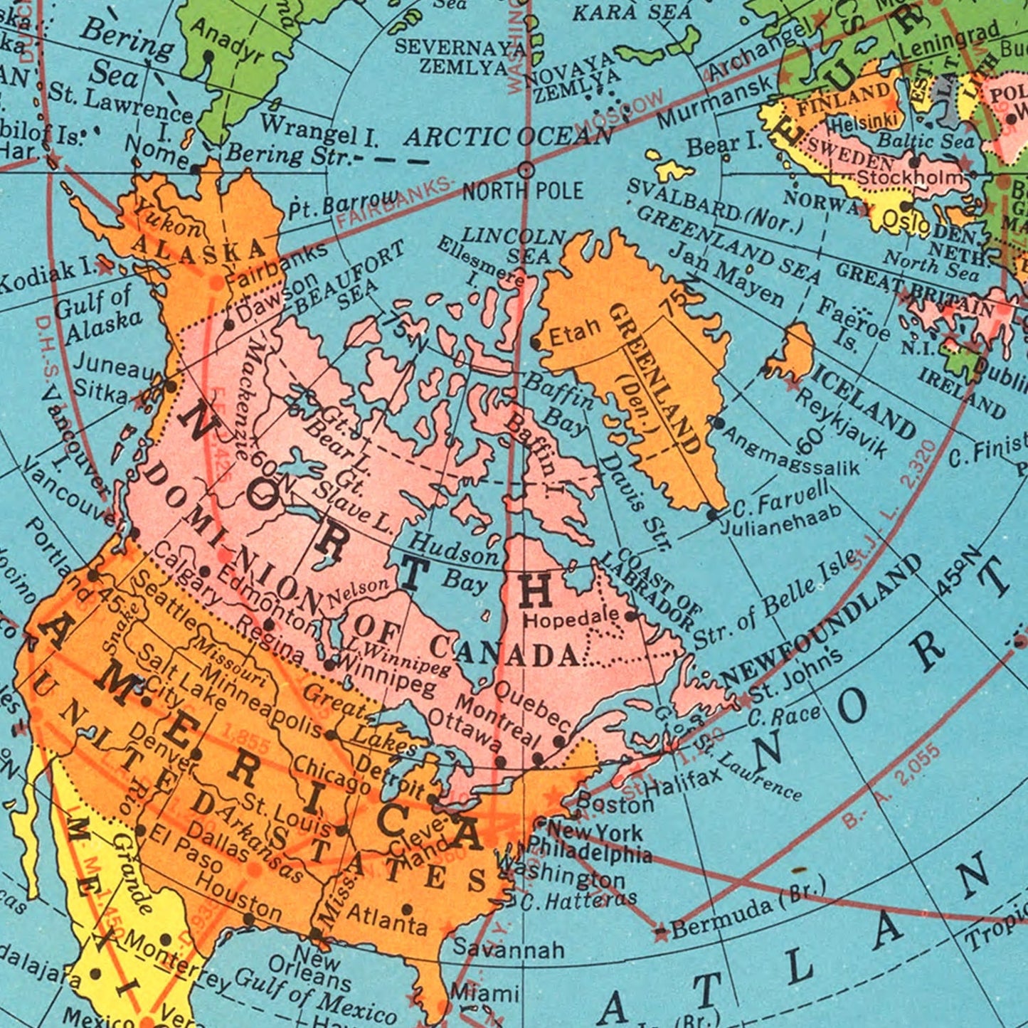 Vintage Air Age Map of the World, 1946