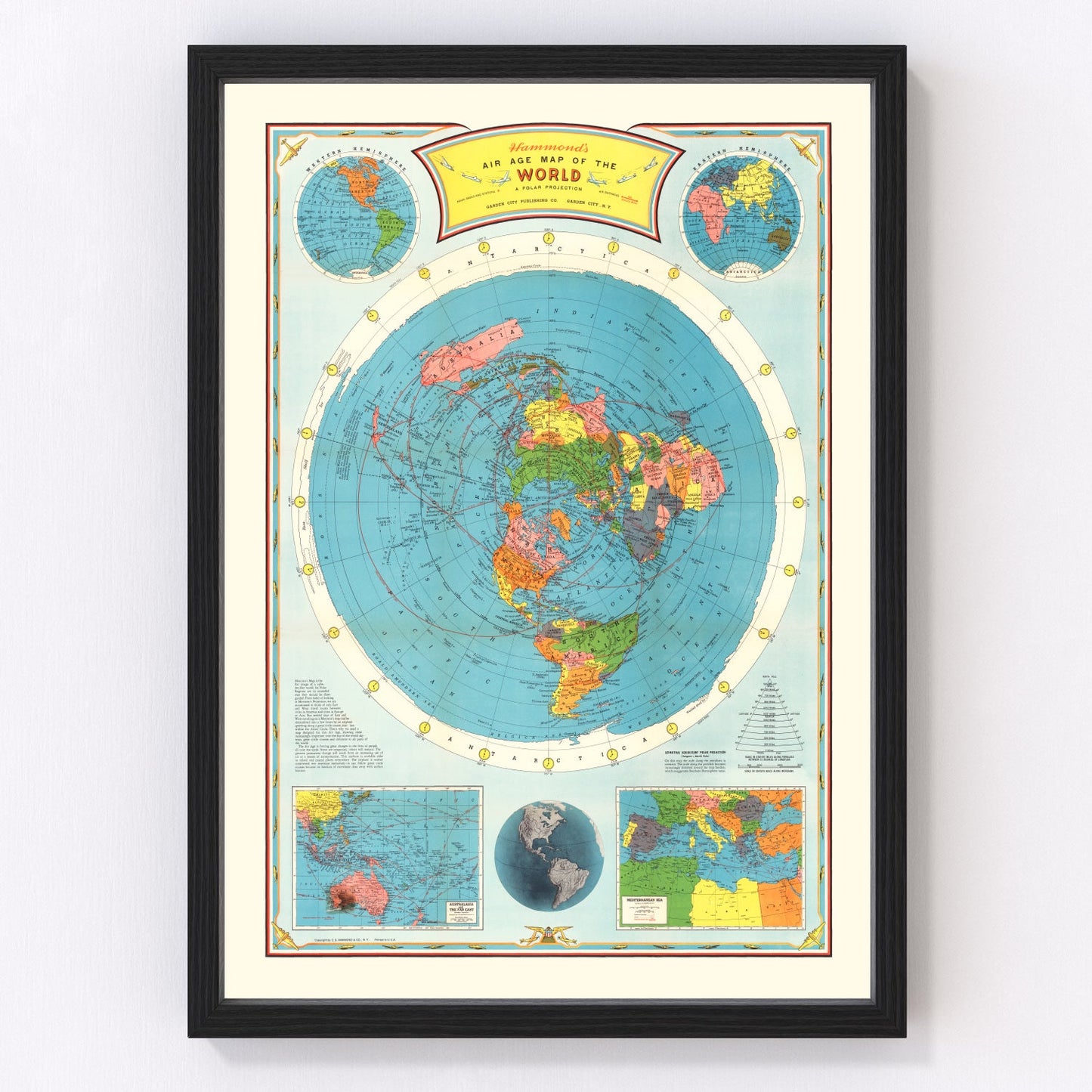 Vintage Air Age world map 1946, aviation routes restored print wall art