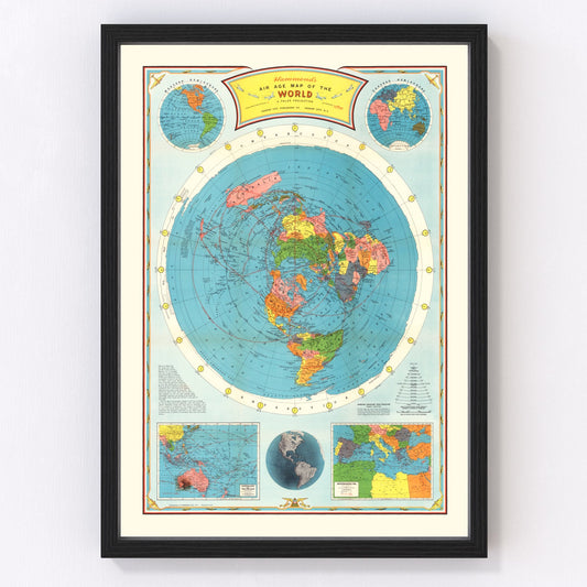 Vintage Air Age world map 1946, aviation routes restored print wall art