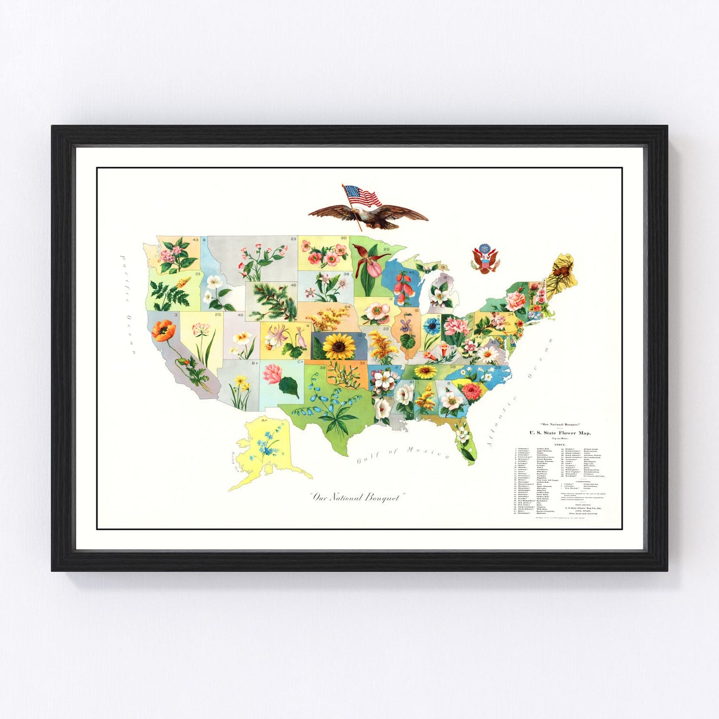 Vintage 1911 United States flower map botanical state emblems, restored print