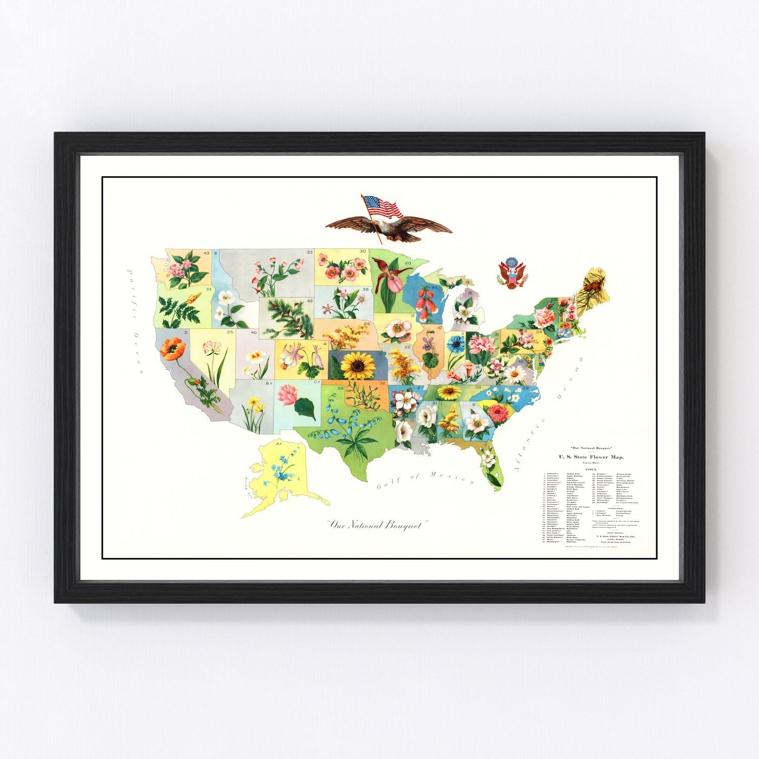 Vintage 1911 United States flower map botanical state emblems, restored print