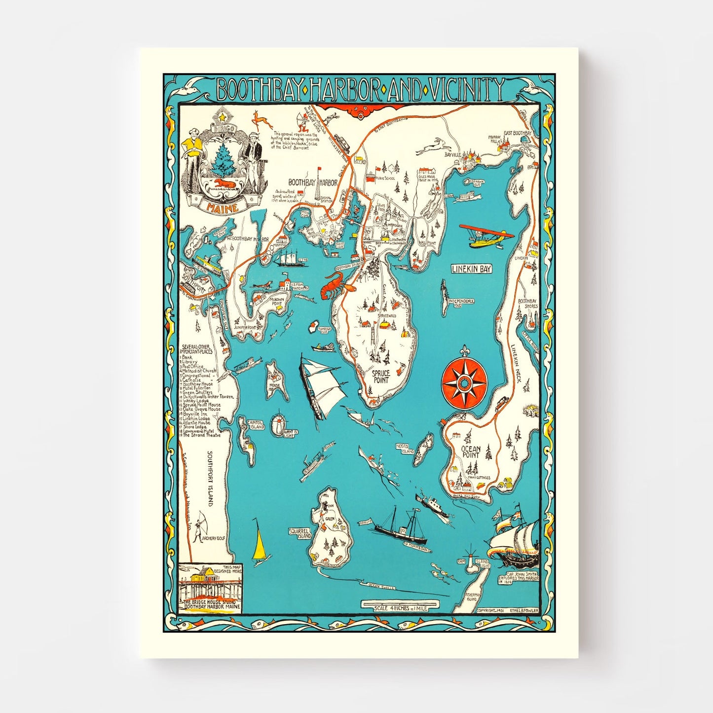 Vintage Map of Boothbay Harbor, Maine, 1931