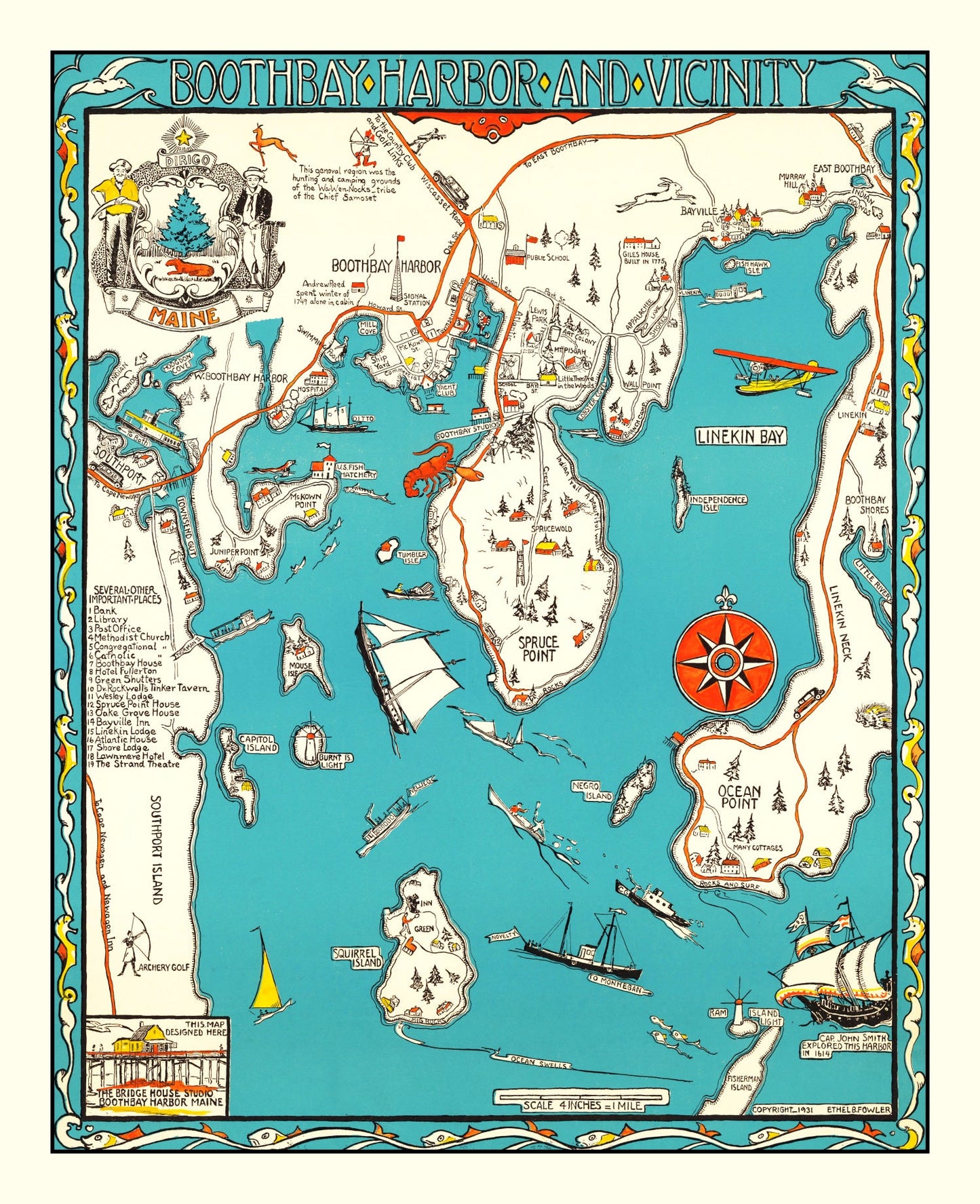 Vintage Map of Boothbay Harbor, Maine, 1931