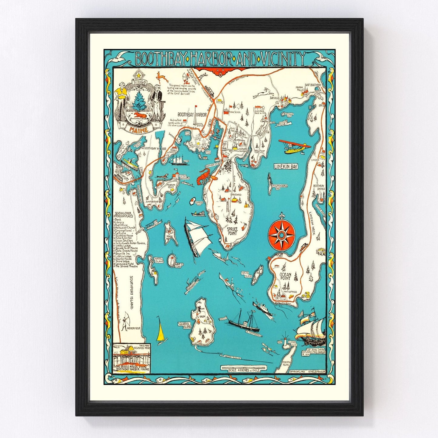 vintage map of Boothbay Harbor, Maine, 1931, coastal restored print wall art