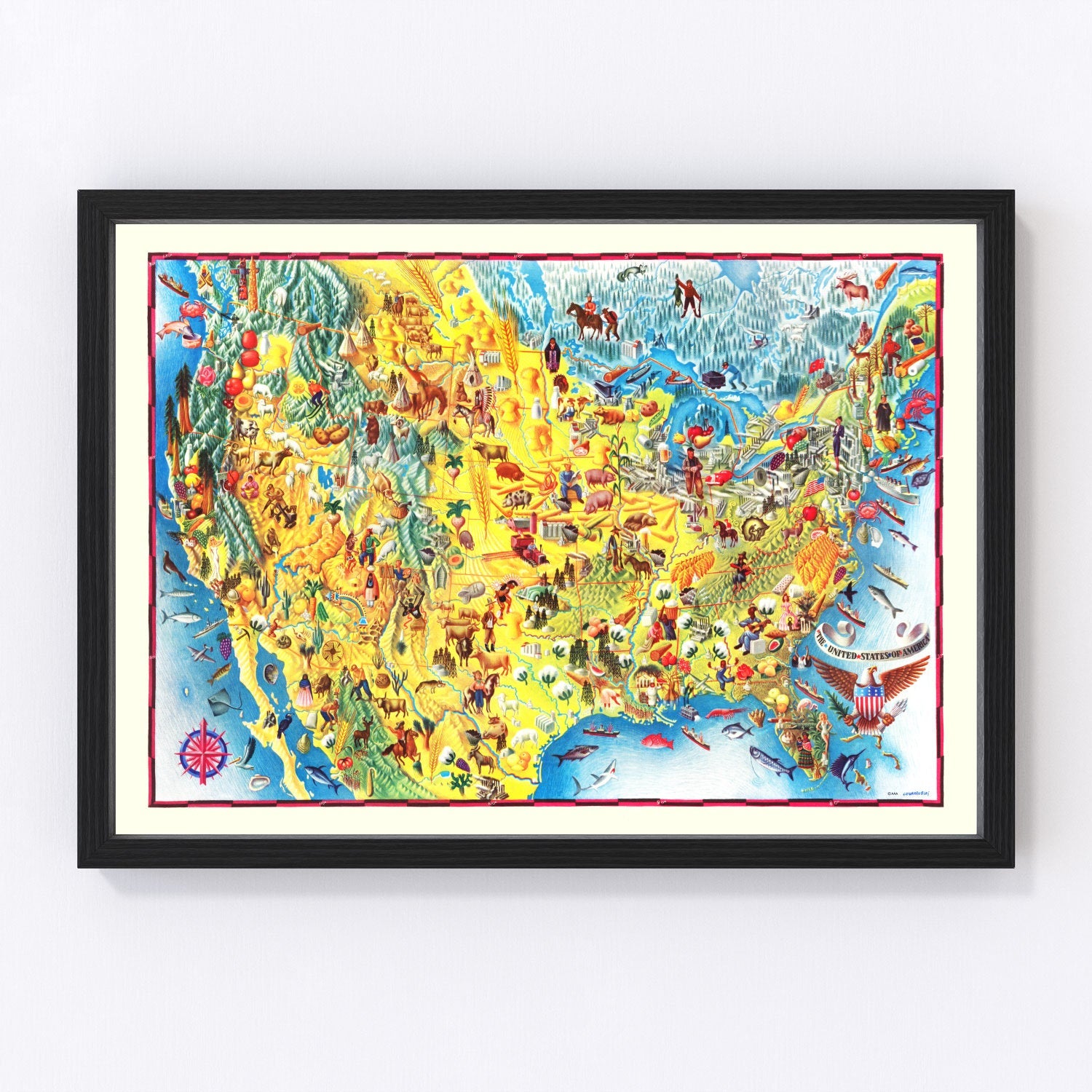 Vintage 1940 pictorial map of the United States in mid-century illustrated style, restored print