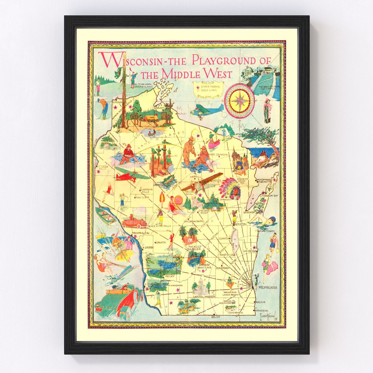 Vintage map of Wisconsin state, 1929, 1920s road map restored