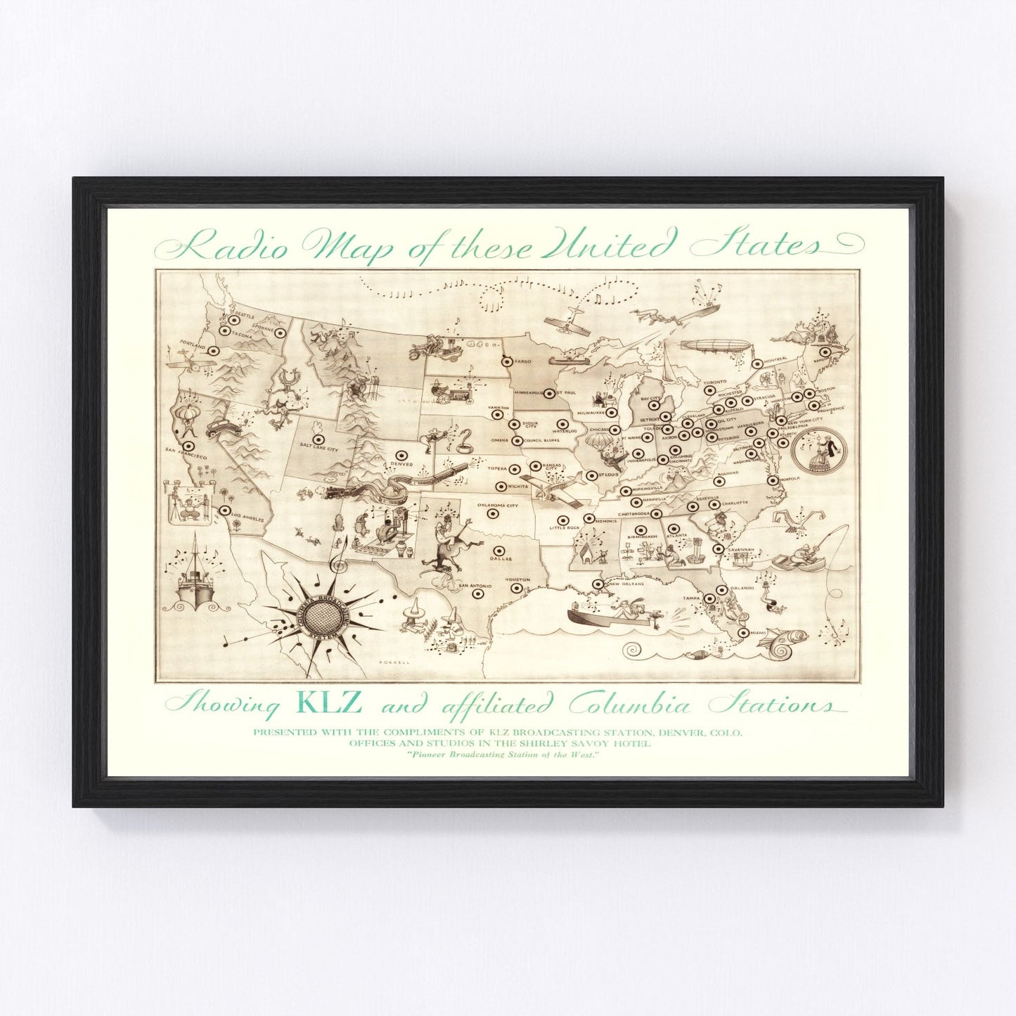 Vintage 1922 radio map of the United States showing early broadcasting stations, restored print