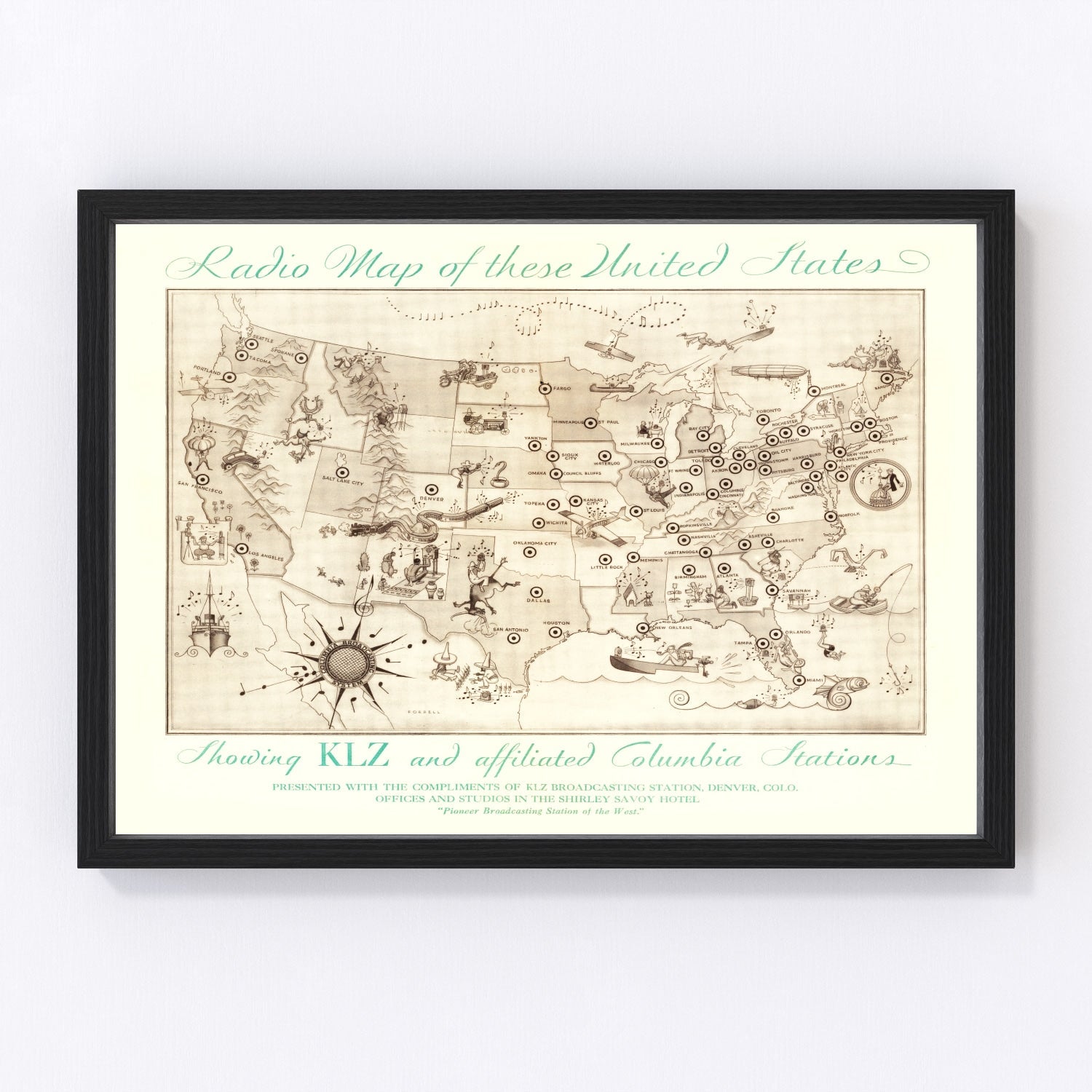 Vintage 1922 radio map of the United States showing early broadcasting stations, restored print