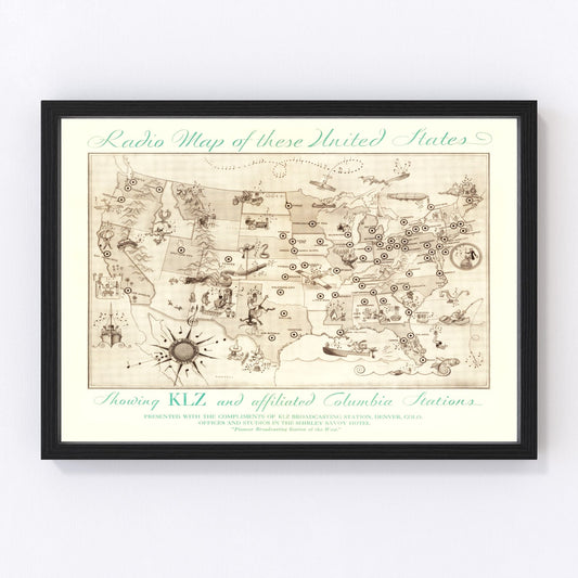 Vintage 1922 radio map of the United States showing early broadcasting stations, restored print