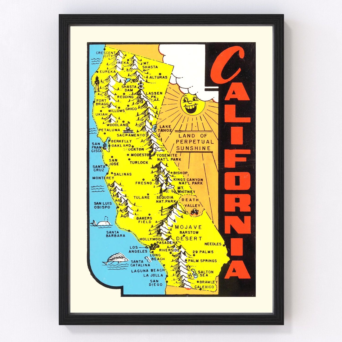 Vintage map of California, 1950, postwar mid-century restored print