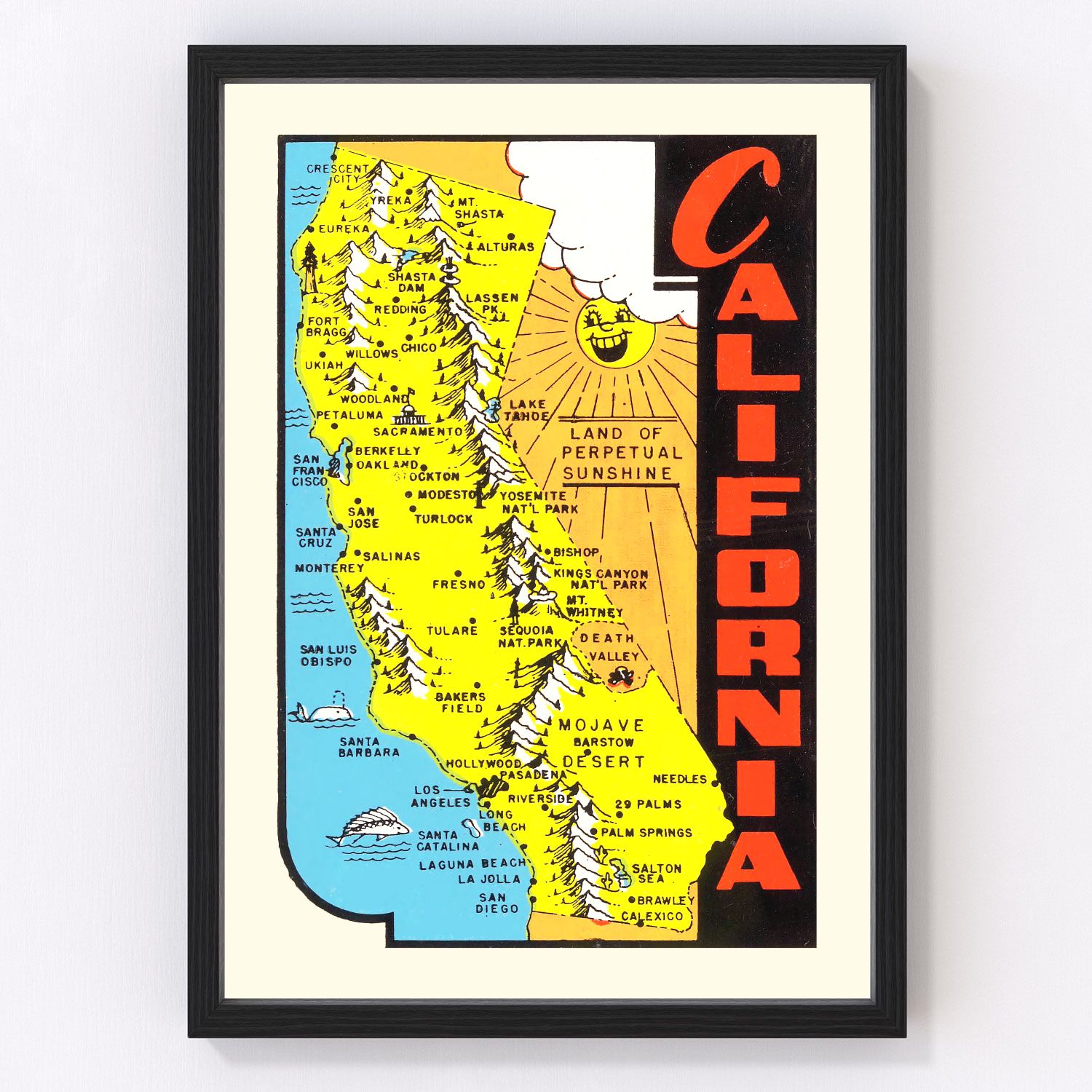 Vintage map of California, 1950, postwar mid-century restored print