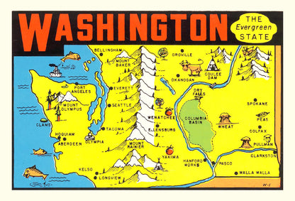 Vintage Map of Washington State, 1950
