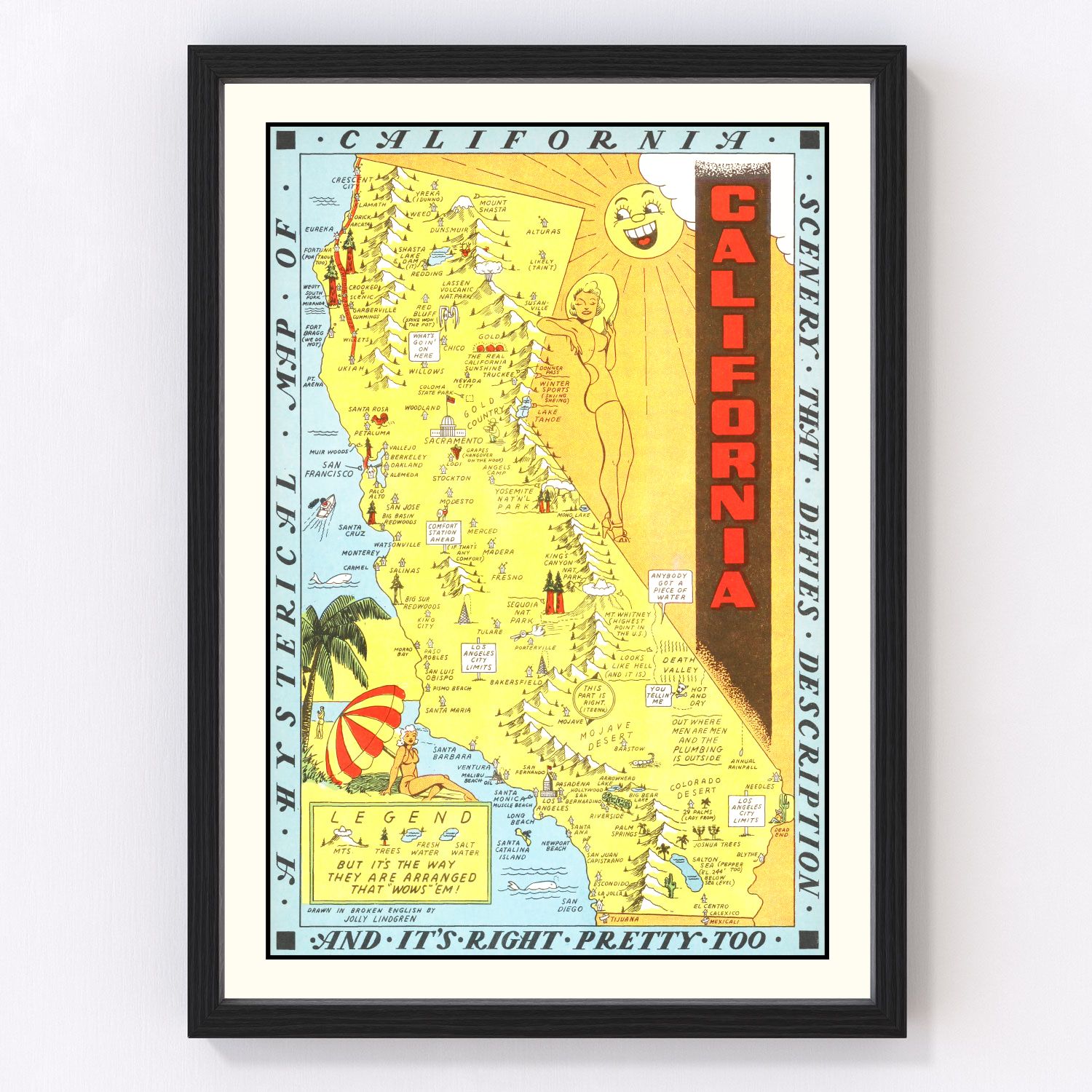 Vintage map of California, 1948, post-war mid-century restored print