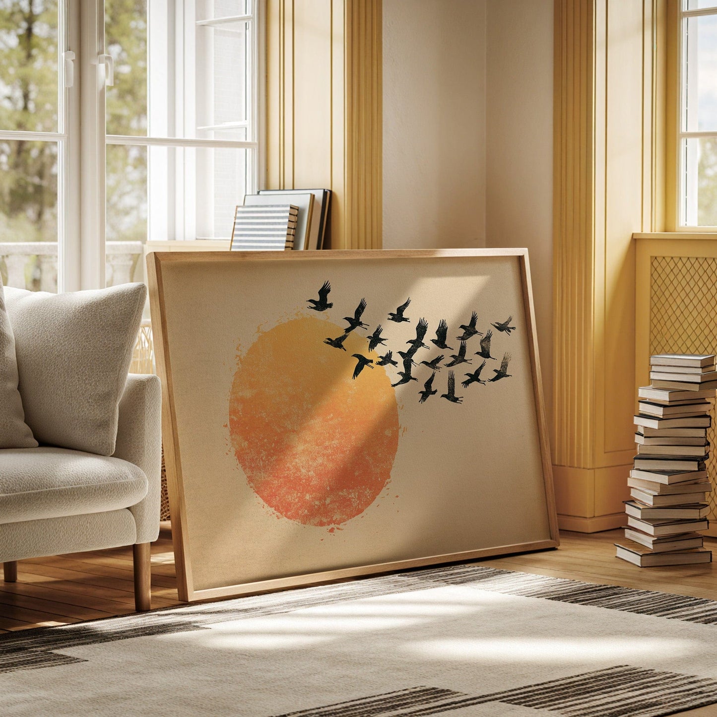 Japanese Birds and Sun Wall Art - Vintage Ink Print