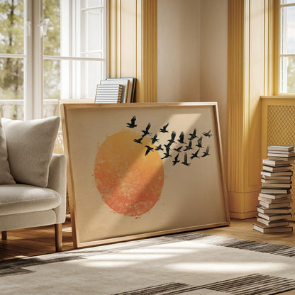 Japanese Birds and Sun Wall Art - Vintage Ink Print