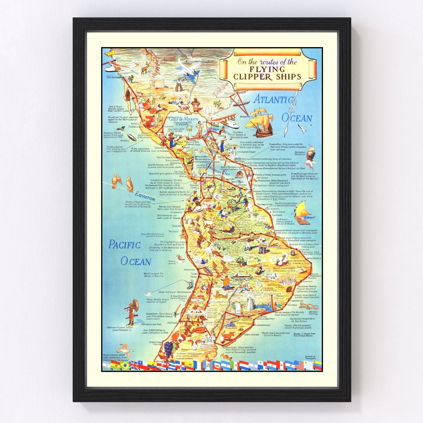 vintage map of Mexico with flying clipper ship routes, 1941