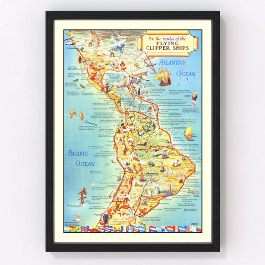 vintage map of Mexico with flying clipper ship routes, 1941