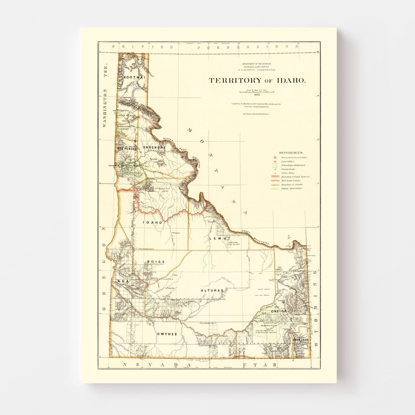 Vintage Map of Idaho, 1876