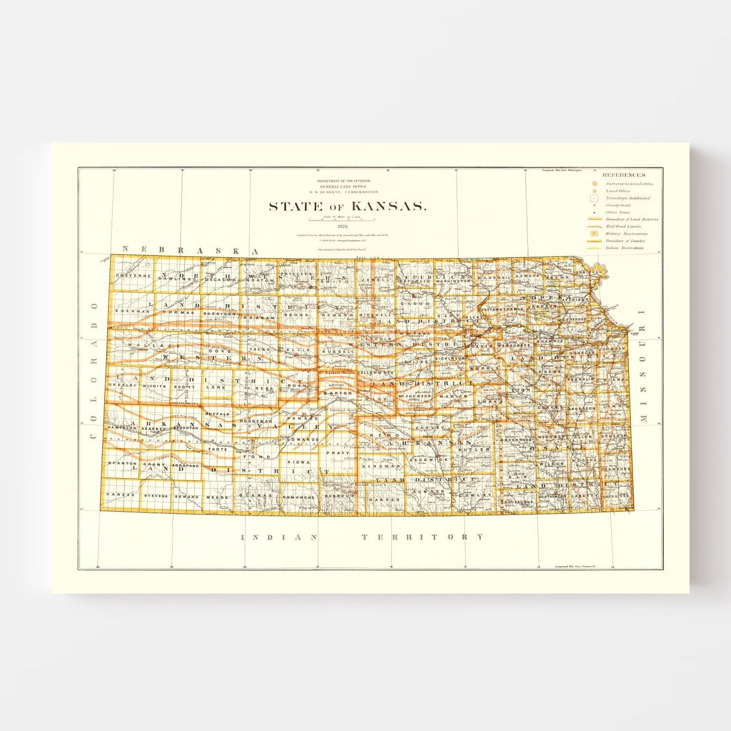 Vintage Map of Kansas, 1876