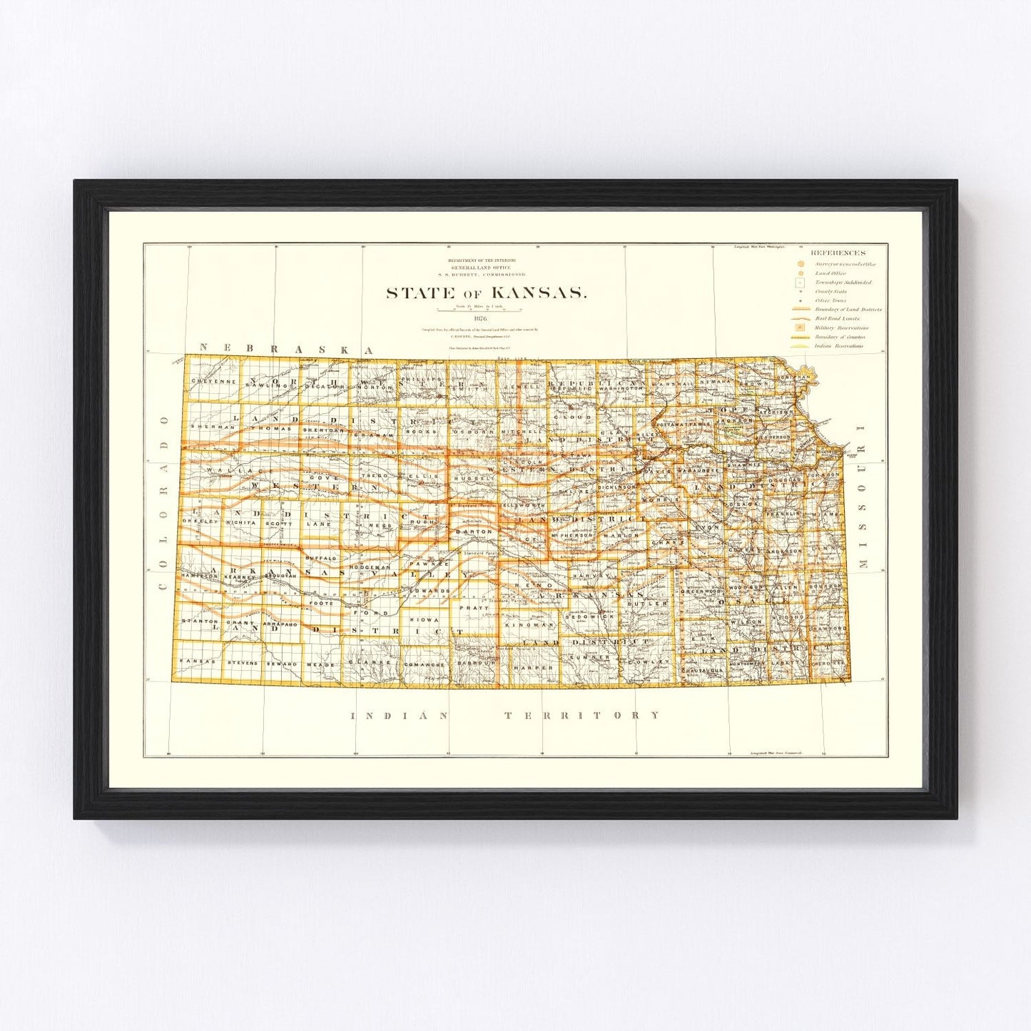Vintage map of Kansas, 1876