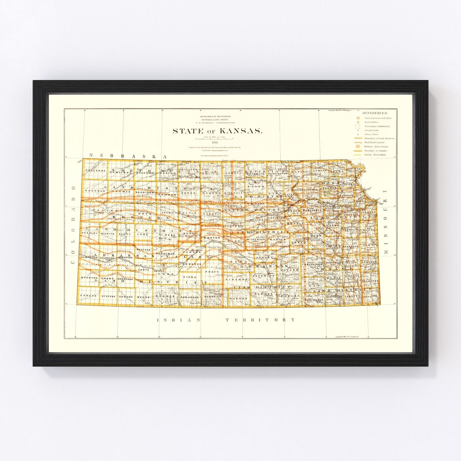 Vintage map of Kansas, 1876