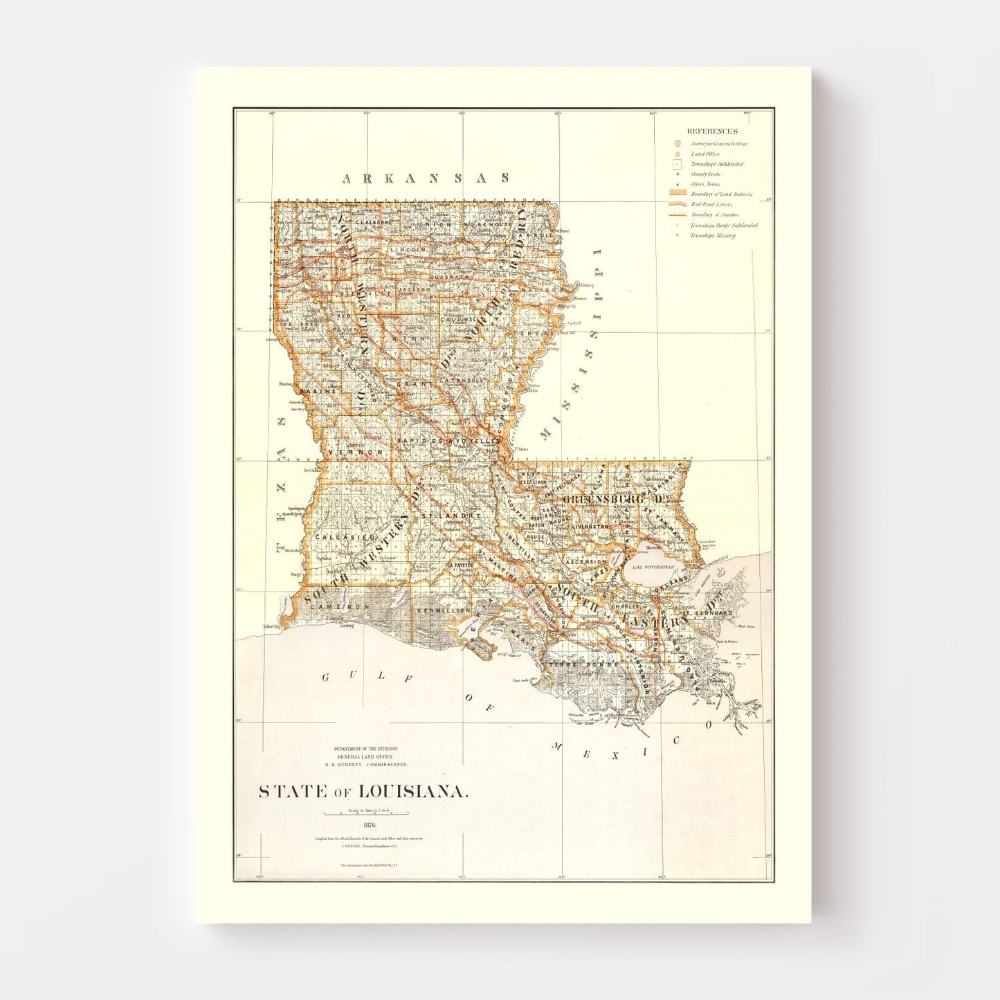 Vintage Map of Louisiana, 1876 III