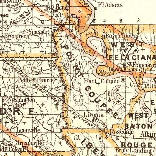 Vintage Map of Louisiana, 1876 III
