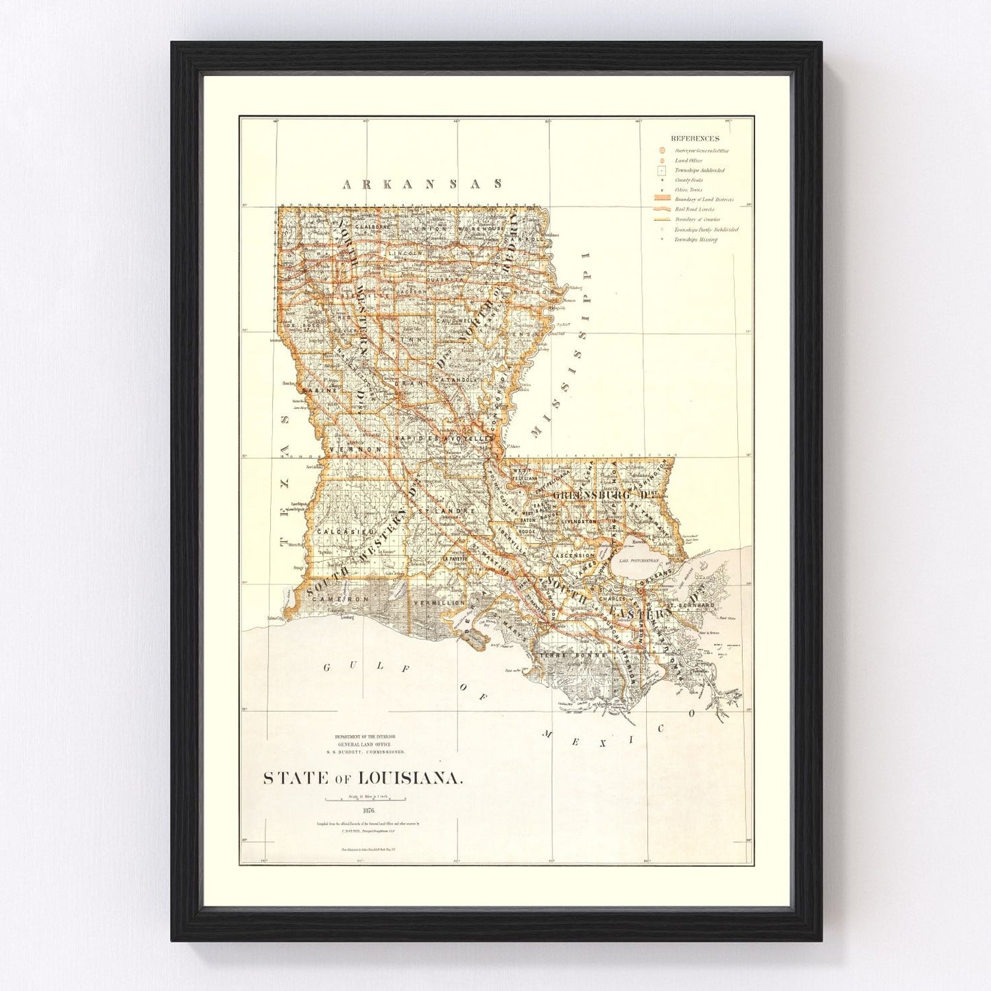 Vintage map of Louisiana, 1876