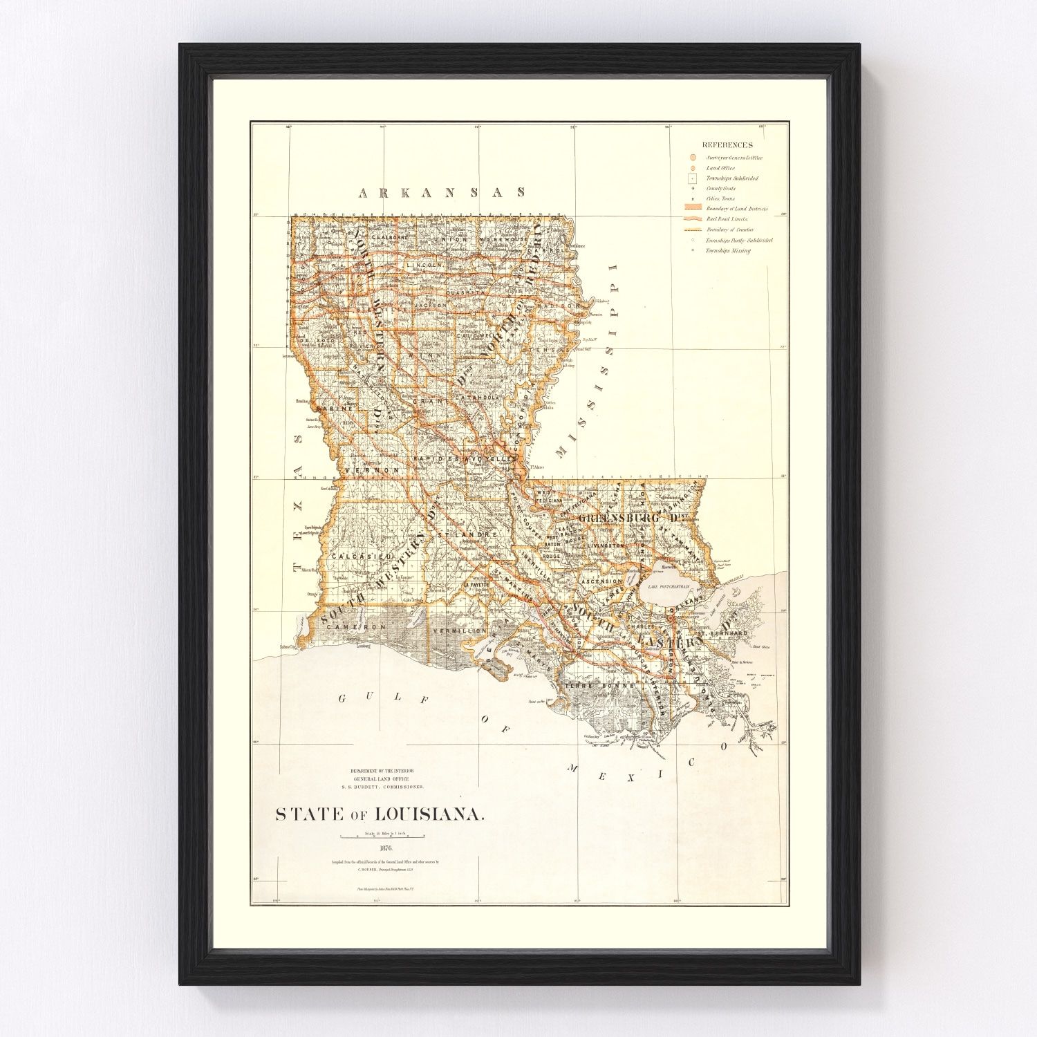 Vintage map of Louisiana, 1876