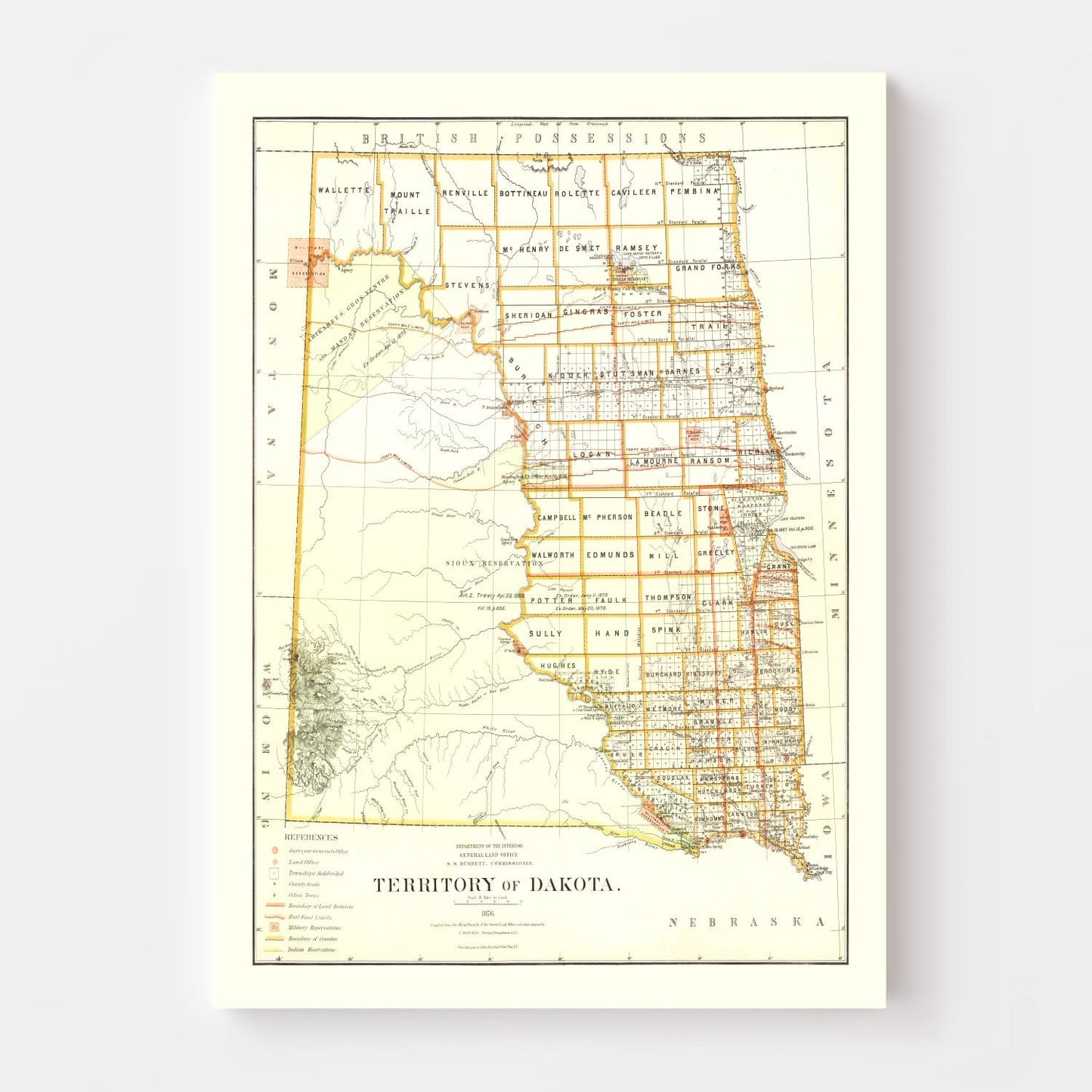 Vintage Map of South Dakota, 1876