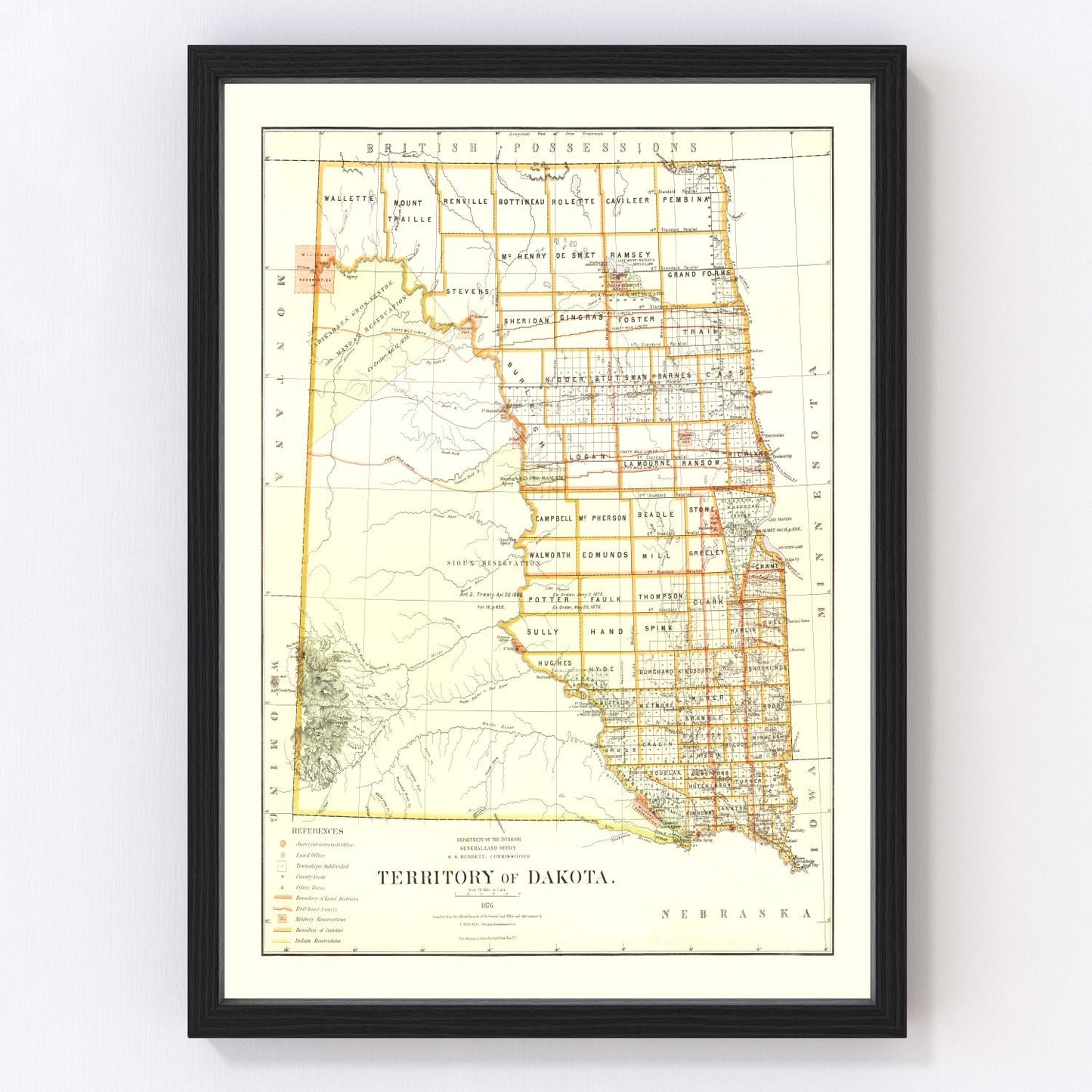 vintage map of South Dakota, 1876