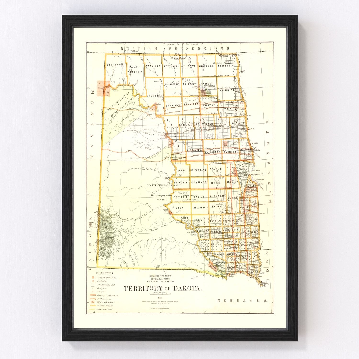 vintage map of South Dakota, 1876
