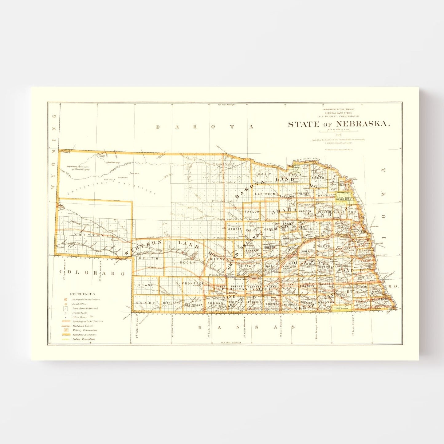 Vintage Map of Nebraska, 1876