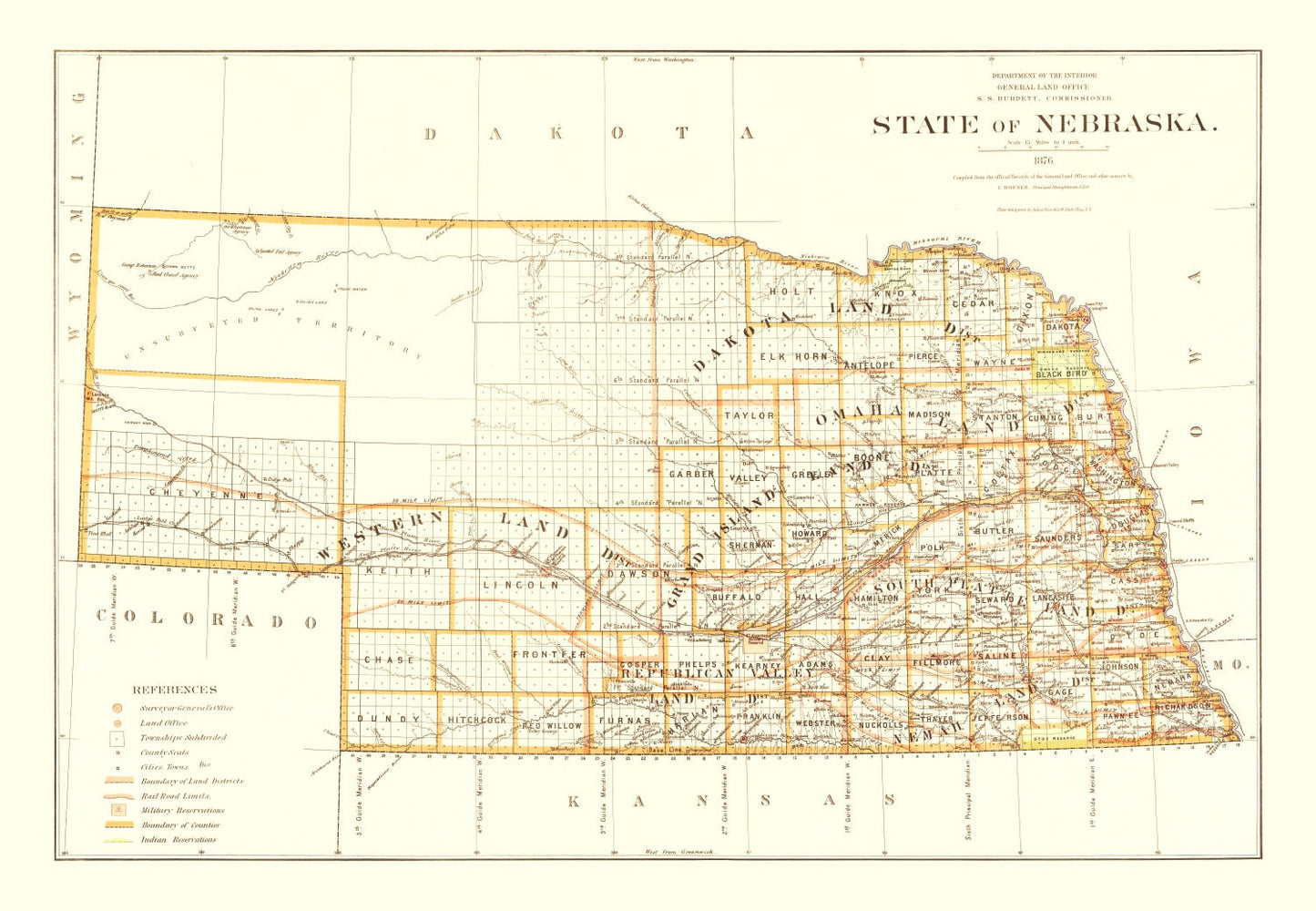 Vintage Map of Nebraska, 1876