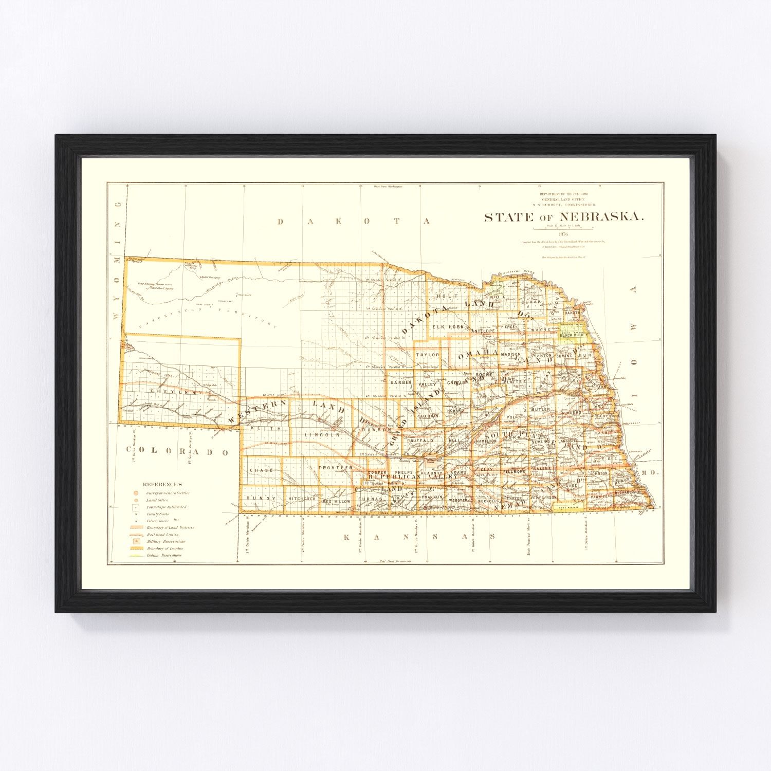 Vintage map of Nebraska, 1876