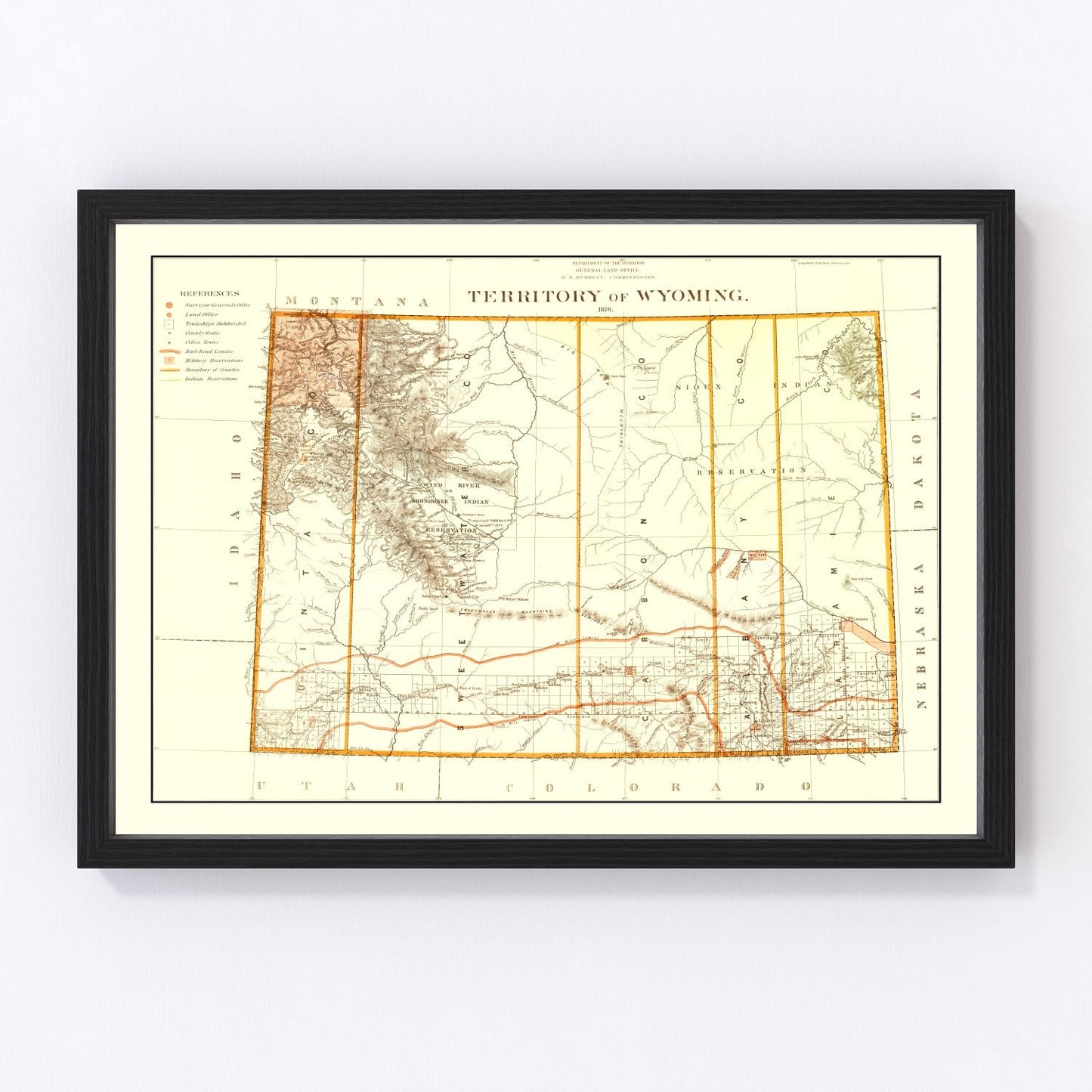 Vintage map of Wyoming Territory, 1876, centennial era restored print