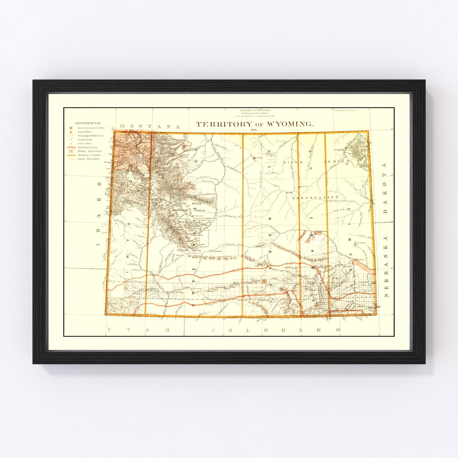 Vintage map of Wyoming Territory, 1876, centennial era restored print