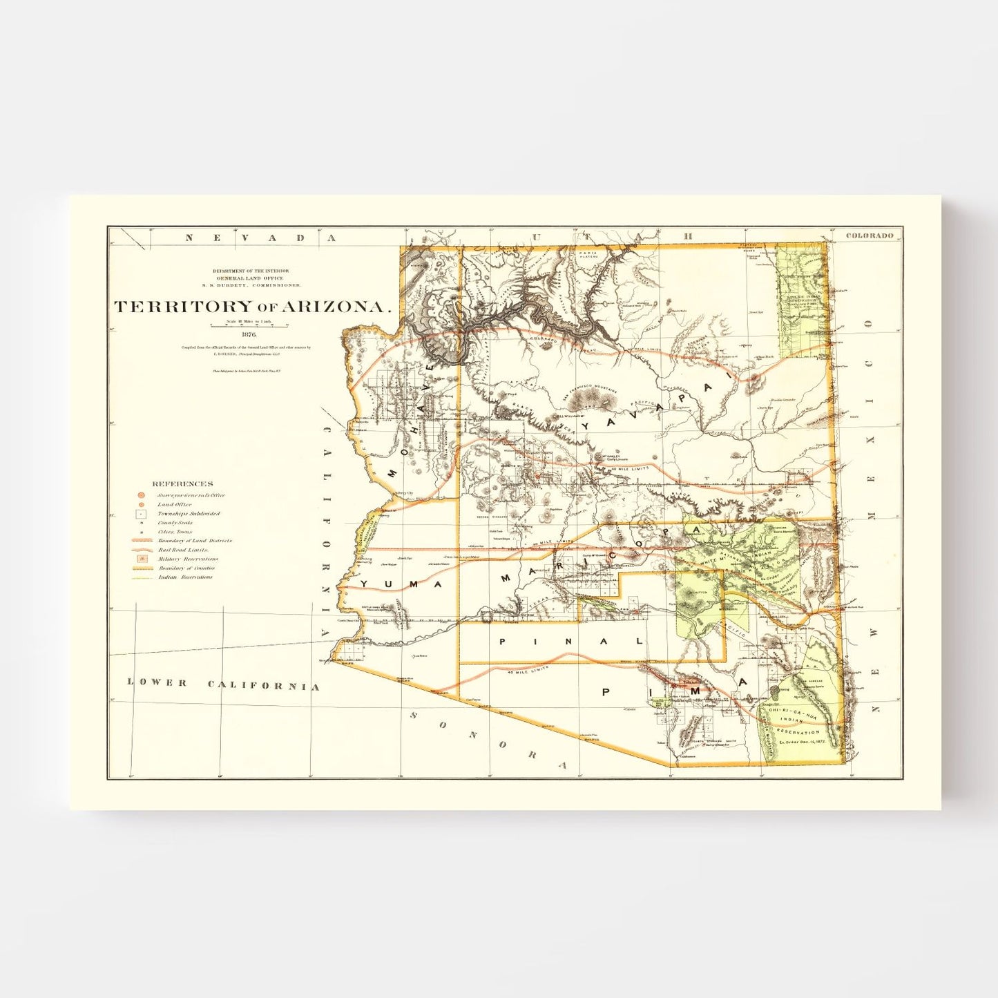 Vintage Map of Arizona, 1876