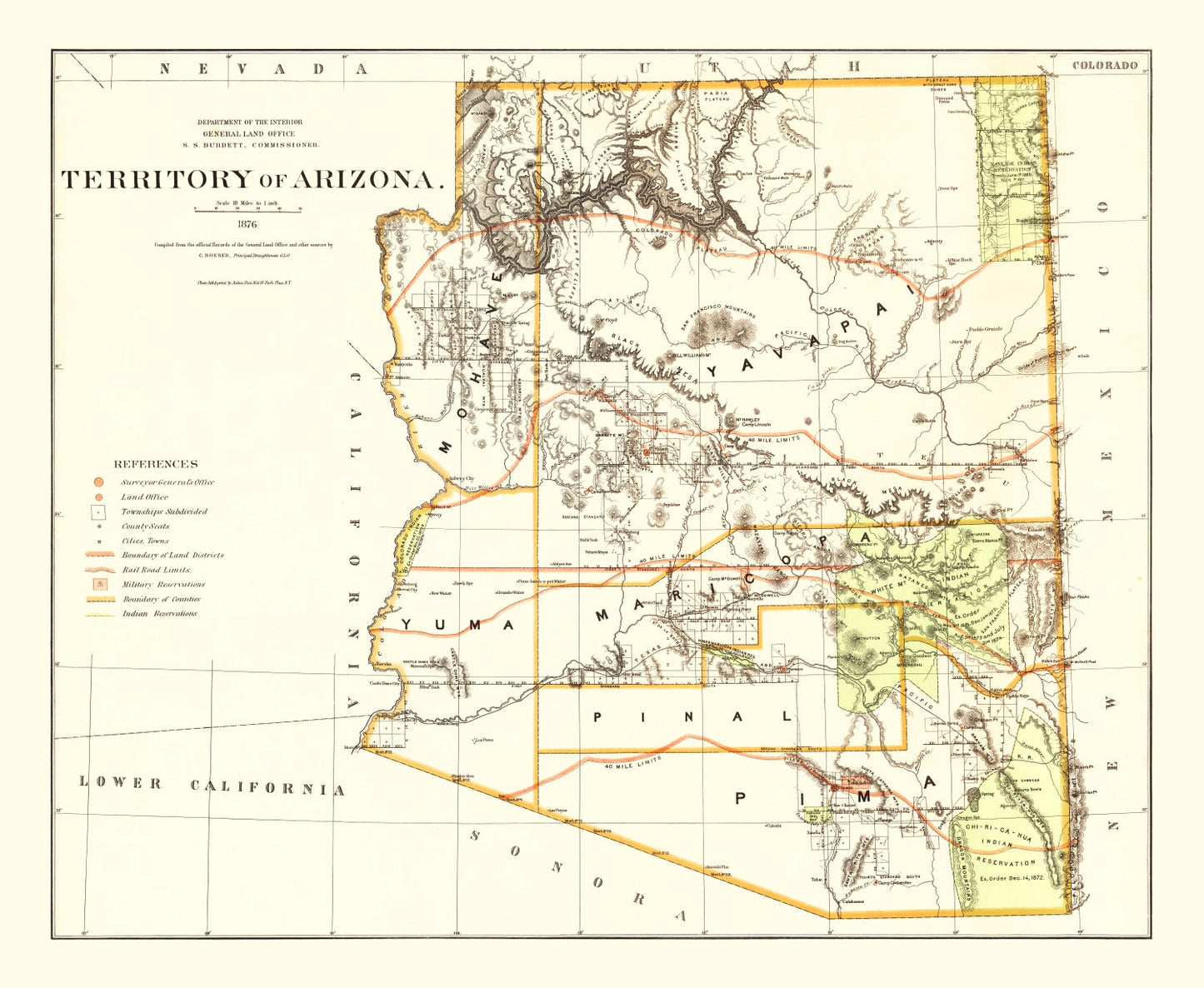 Vintage Map of Arizona, 1876