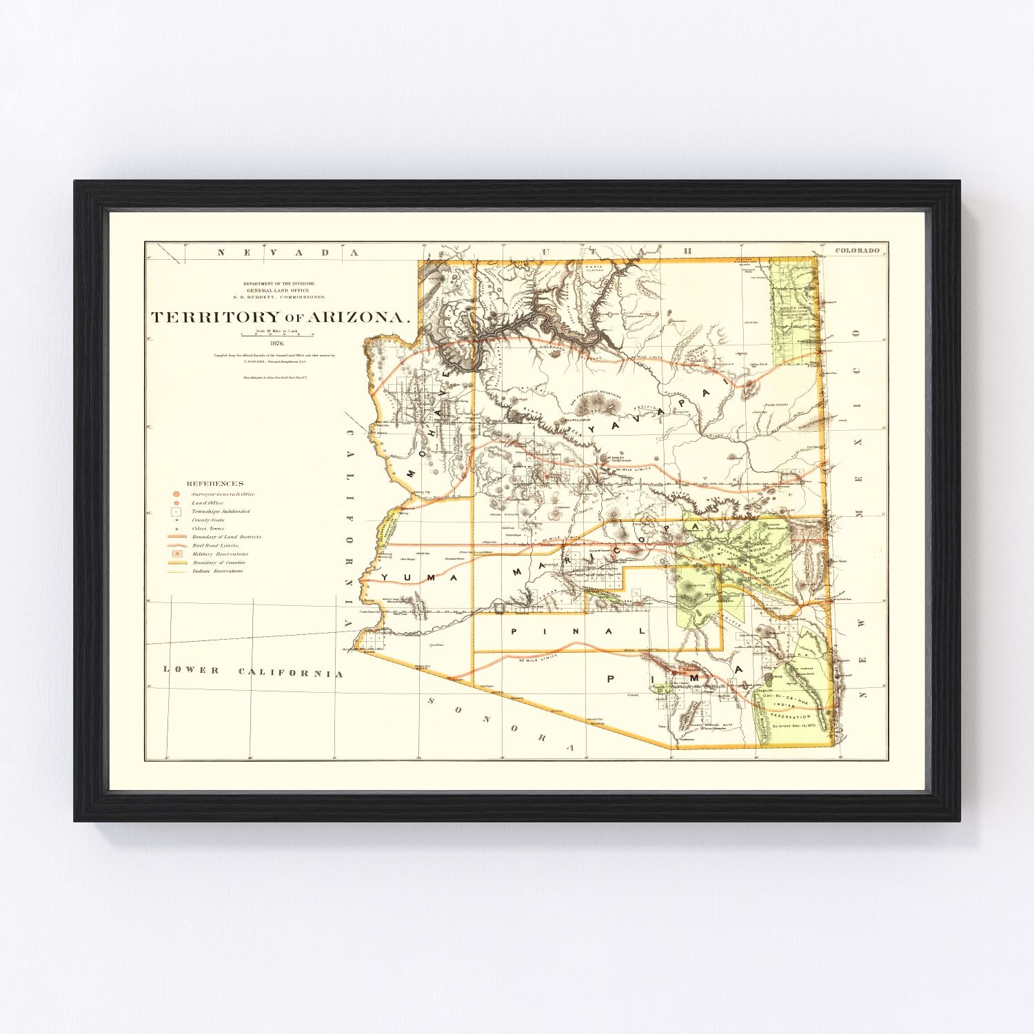 vintage map of Arizona Territory, 1876