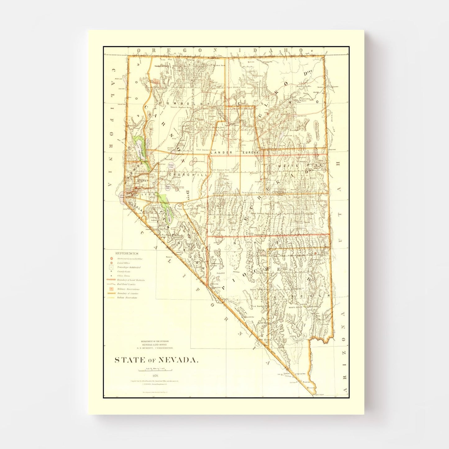 Vintage Map of Nevada, 1876